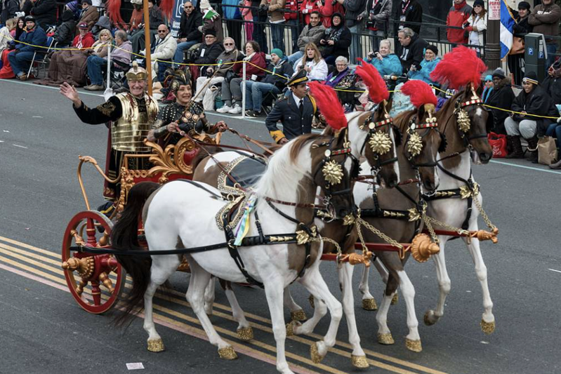 A red and gold chariot is drawn by four white and brown plumed horses down the center of the road with parade-goers watching from the back.