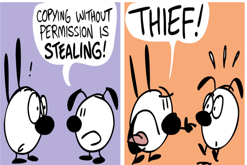 Two-panel cartoon graphic about copyright theft