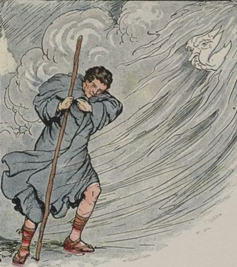 A man wearing a blue-gray cloak is battling against the wind in a line illustration.