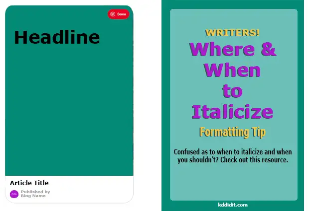 A long color block for the article image with a headline in the top left and a Pinterest save button on the right. The article title is below the color block on the left along with a profile and a published by followed by the blog name.