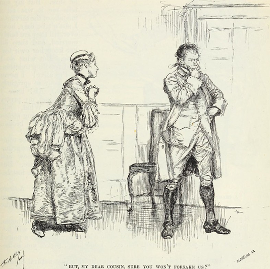 Line drawing of a woman in late 19th century dress pleading for help from a frock-coated man, fingers stroking his chin as he thinks about it