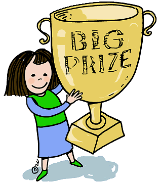 Cartoon of a girl holding up a prize cup that's bigger than she is