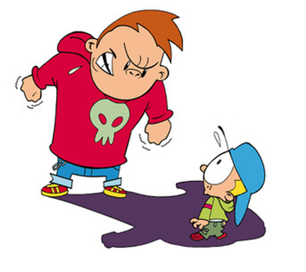 Colorful cartoon graphic of a huge boy hovering over a smaller boy