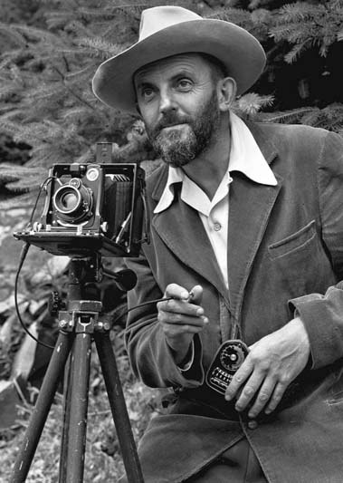 A 1950s black-and-white photo of Ansel Adams.