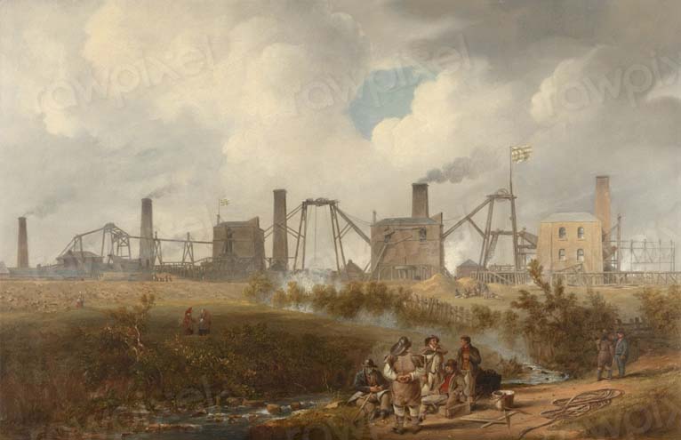 A smog-filled sky with four factories in an idyllic country setting with a group of men standing in the foreground alongside a river.