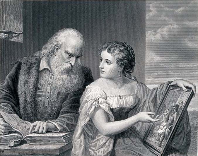 A gray-toned engraving of an old man with a beard looking at a painting of a Natvity scene held by a young woman.