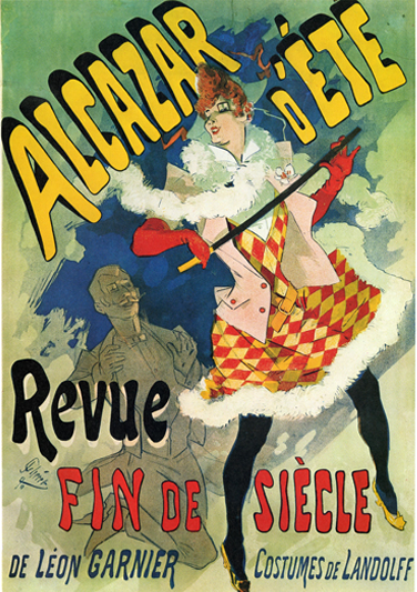 A turn of the century poster in bright colors touts the Alcazar d'Ete and features a dancer in a red and yellow diagonal plaid dress.