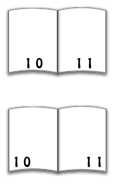 Two two-page examples. The upper set shows the page numbers centered at the bottom while the lower set shows the page numbers justified to the left and the right at the bottom.