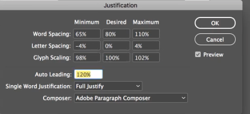 A second example shows how text justification is adjusted in InDesign