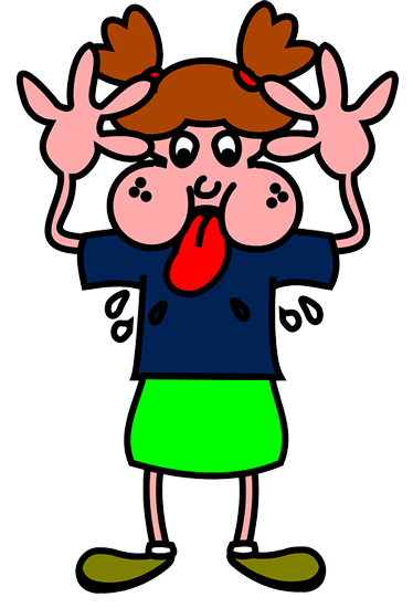 Bright cartoon graphic of a girl in a bright green skirt and navy T-shirt with her fingers in her ears, her cheeks puffed out, and her tongue stuck out.