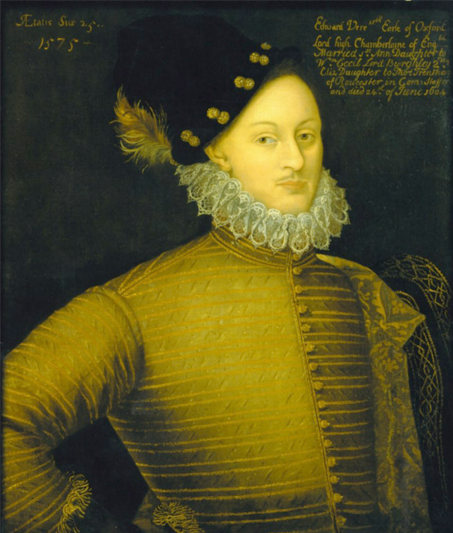 A portrait of Edward de Vere in a feathered hat, short ruff, and golden doublet.