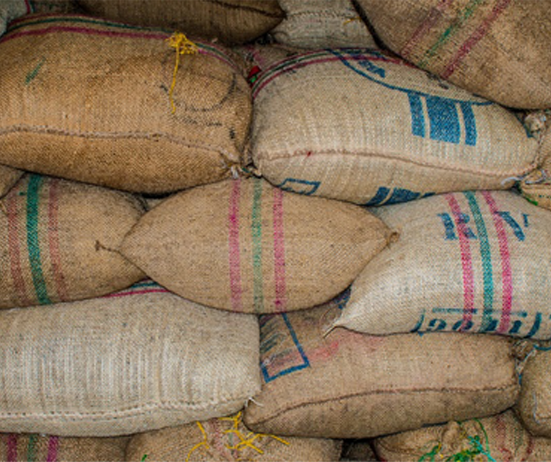 Burlap bags stacked in a pile