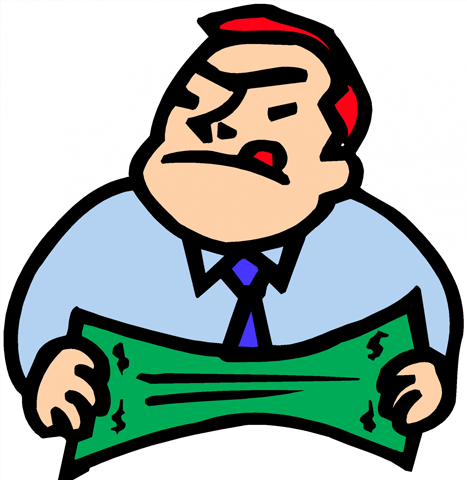 Cartoon image of a grumpy man stretching a dollar bill