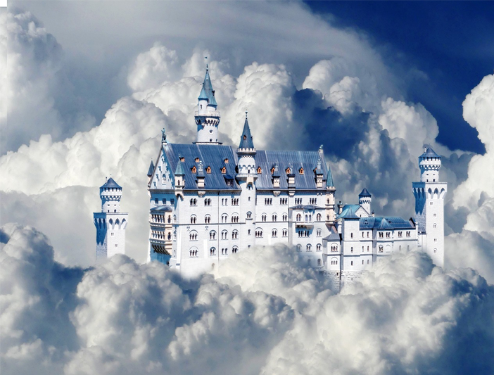 A blue-and-white castle floating in the clouds