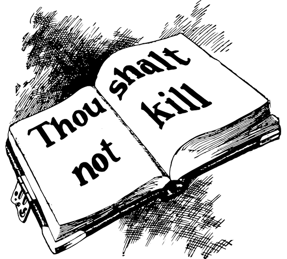 A black-and-white image of an open book saying Though Shalt Not Kill.