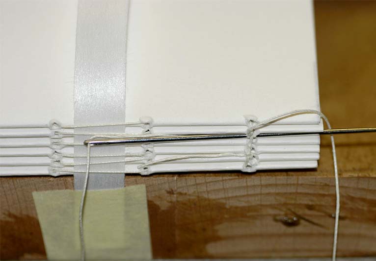A close-up of book signatures being sewn together.