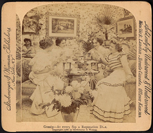 A sepia-toned stereographic photograph of four women sitting around a round table sipping tea and talking