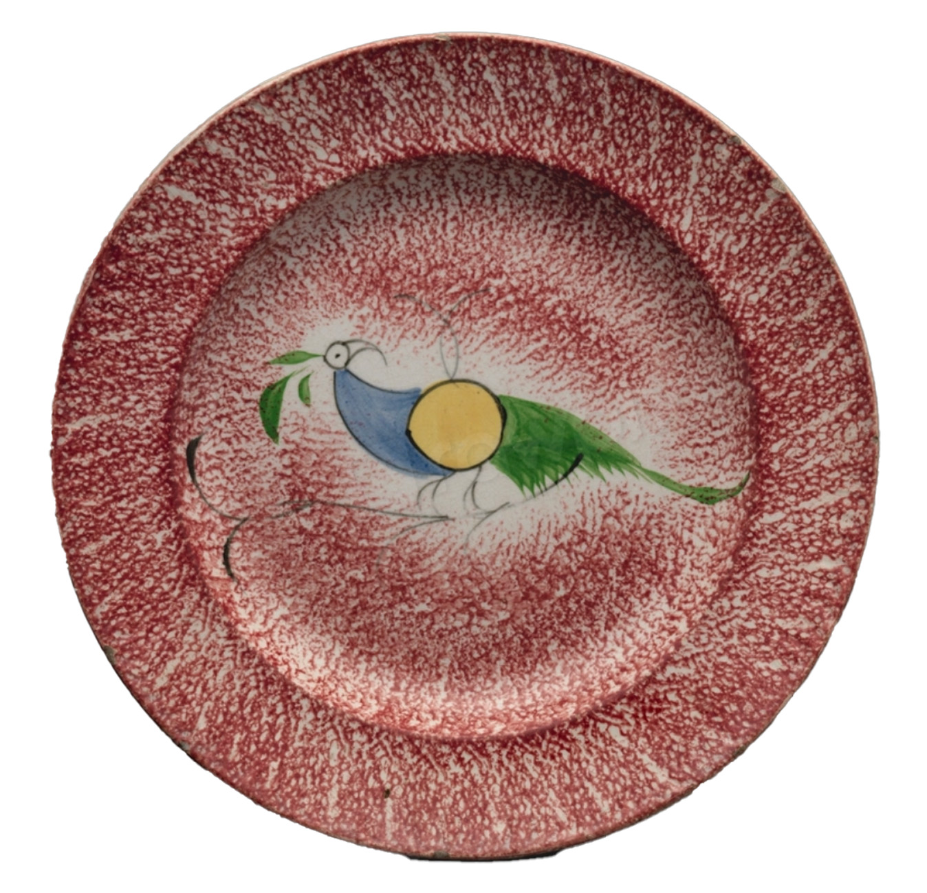 A peafowl with a blue  neck, a taupe center and a green tail is haloed in white on a pink spattered plate.