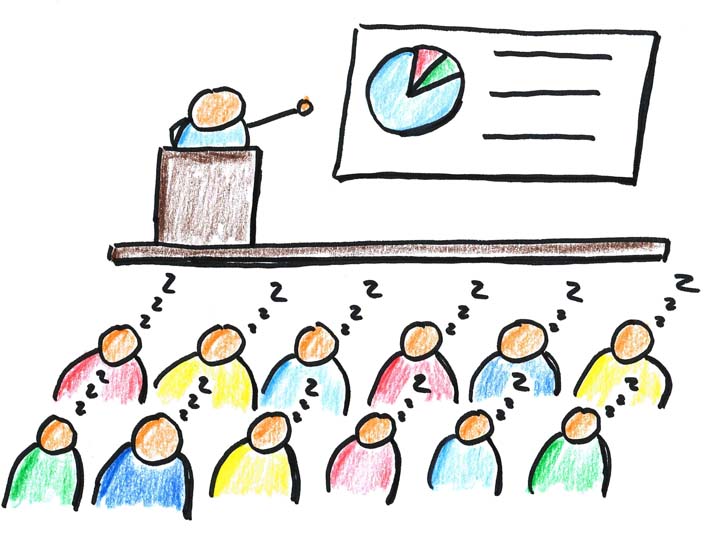Simple line figures of one person standing behind a lectern pointing at a pie chart on the wall in front of an audience of twelve persons snoring. All are colored in with crayon in a variety of colors.