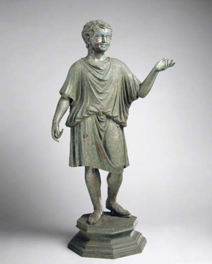 Bronze statue of a young man in Roman dress.
