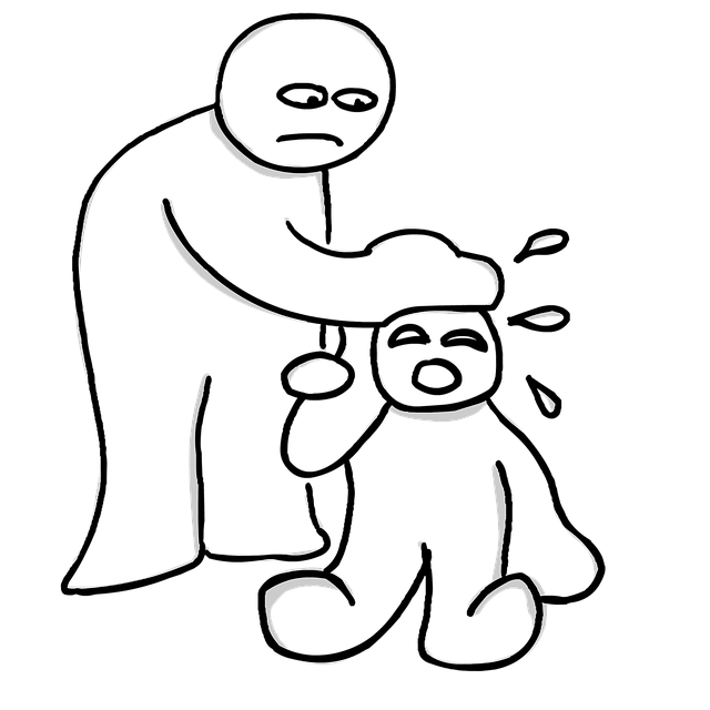 Ink outline of adult patting crying baby's head