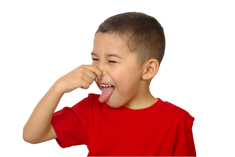 Wearing a red T-shirt, a boy holds his nose and sticks his tongue out
