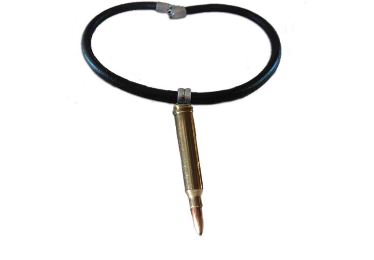A bullet on a leather choker.