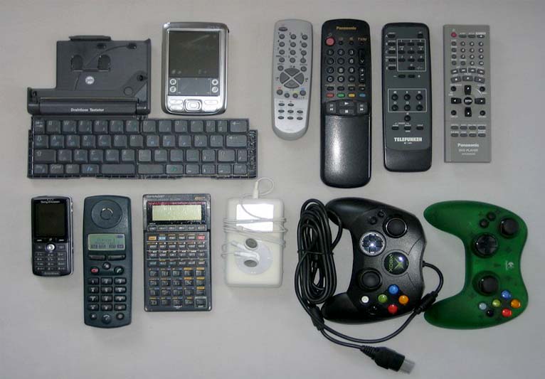 A variety of electronic gadgets that have buttons.