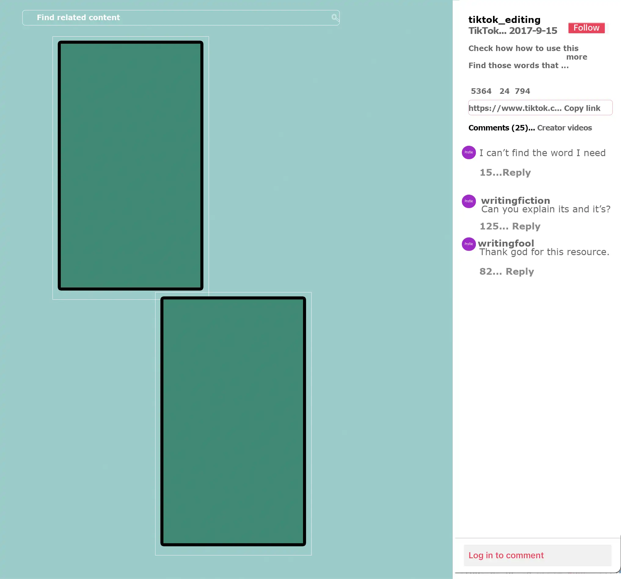 A split screen background with a mint color block on the left taking up three-quarters of the background and the remaining one-quarter is white with text info and comments. On the mint background is a teal block of color representing videos with another below it, offset to the right.