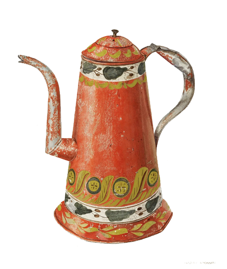 A tin coffeepot painted orange with a cream band below the lid and above the base painted with a border of dark green leaves. The lid itself and below the upper band has a border of moss green comma strokes. Above the bottom band is a more complicated border of a thin orange S-stroke inside a fatter moss green S-stroke with orange lines giving an impression of feathers. At the bottom, between the S-strokes are three moss green comma strokes. Atop these strokes are a fat dark green round outlined in moss green with another filled round inside of the moss green. Inside this are four tear strokes shaped like a cross with four dots between the tears. At the very bottom, on the splayed base, are a trio of moss green strokes, vining around it.