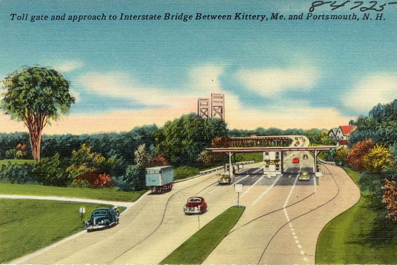 It appears to be a watercolor postcard of a toll gate leading to a bridge.
