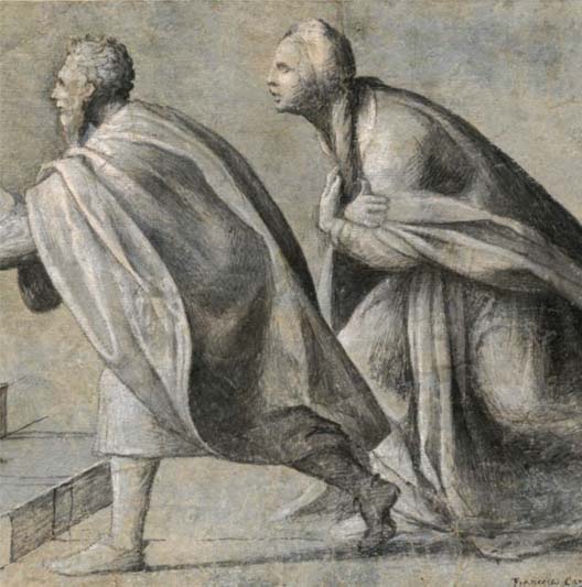An ink drawing of a man and woman hunched over and dressed in flowing robes racing to the left.