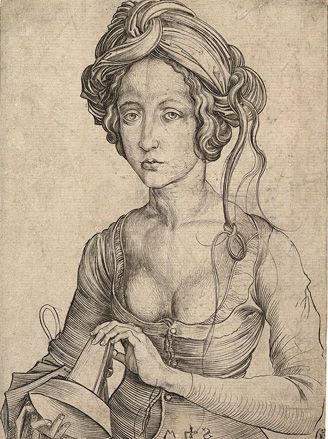 The background is vintage paper with engraved lines showing a woman with long hair curled around and in and under itself with a few tendrils dangling and wearing a very low-cut gown with long sleeves and holding a lantern.