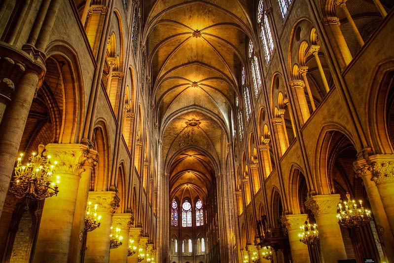 A golden glow lights up the inside of Notre Dame, looking up at the vaulted ceiling.
