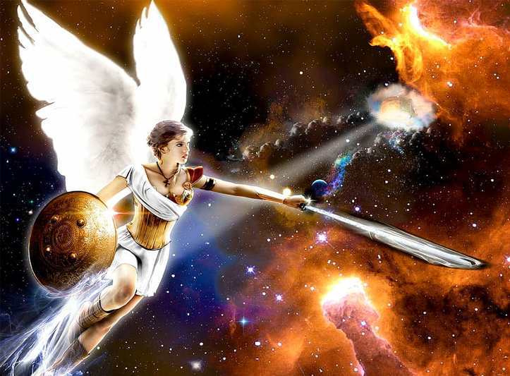 An angel with sword pointing to the right as she flies through space.