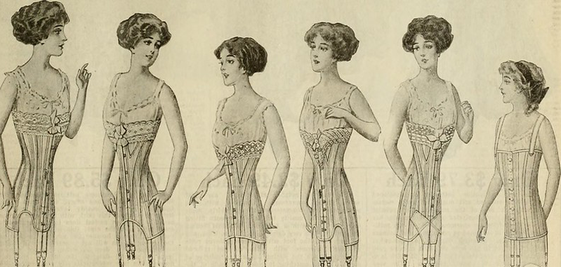 Vintage page from a Macy's catalog shows three women in Gibson girl styles with a nipped-in waist
