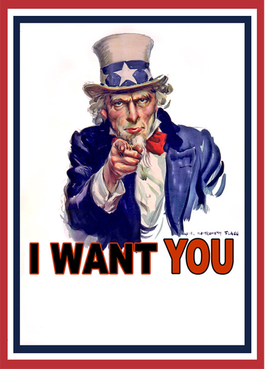 Uncle Sam in cream top hat with blue band with a big white star is wearing a blue jacket and pointing at you