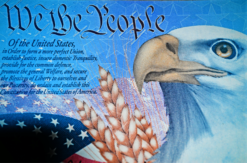 Against a blue background of blue stars outlined in white is the opening to the Constitution of the United States with part of an American flag on the left, wheat stalks in the middle, and an eagle head on the right.