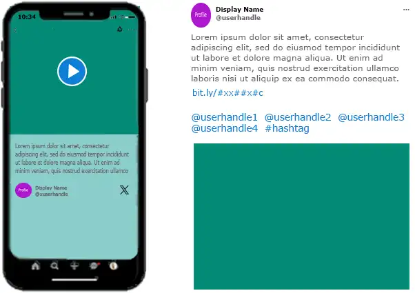 On the left is a cellphone-framed example of a video on top with text below. On the right is a text-heavy post with an image below.