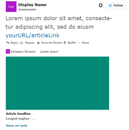 A squarish post with your logo, display name, and username with a gear and Follow link at the top. Below that is your text with links. Below that is a line of Reply, Repost, etc. Below thgat is more info on where to find this article, then a large image below that, and below that is the article headline with a tagline.