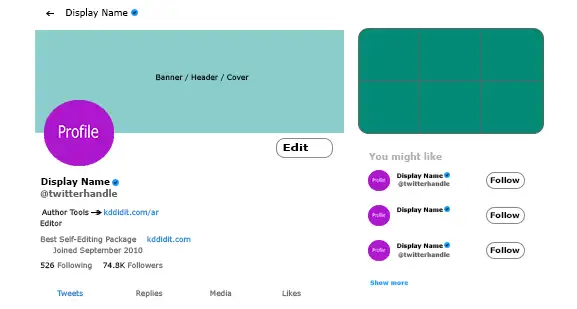 Two color blocks with the left one a mint representing the header, the right split into 6 grid squares representing images. Circular profiles are everywhere. The bottom two-thirds is text about you and some tweets.