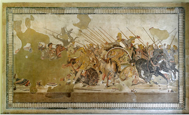 Alexander in a chariot charging into battle with his army against Darius.